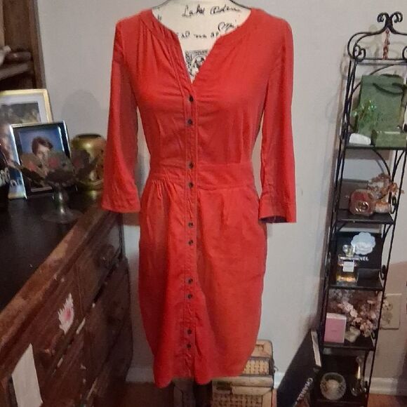 Anthropologie Maeve Red/orange Long Sleeve Corduroy Button-Down Dress Size 2 - Picture 2 of 7